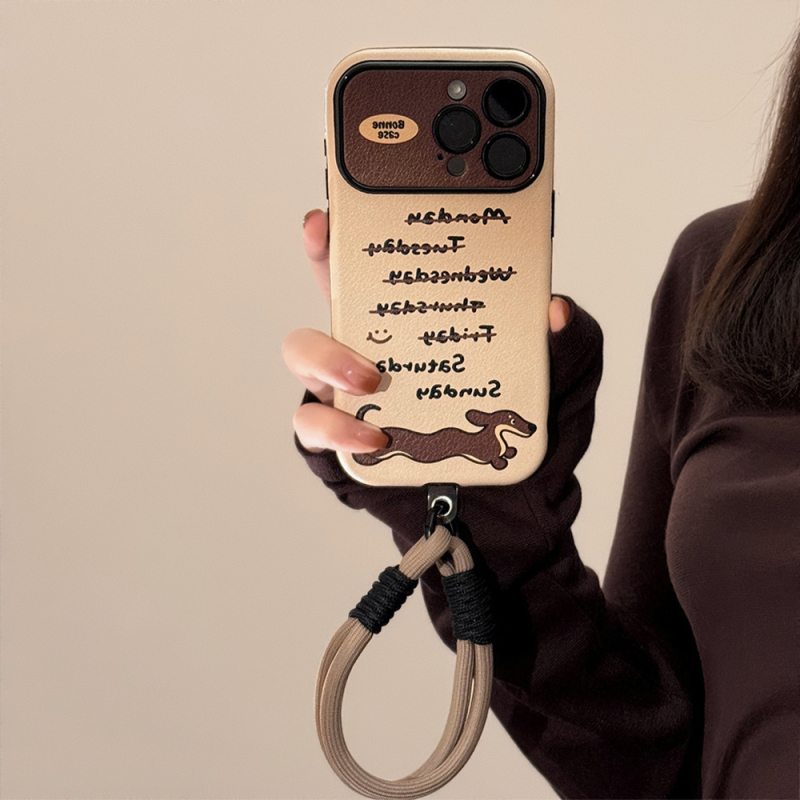 Husă din piele în stil Instagram pentru iPhone 14, 15 și 16 Pro Max, cu dachshund — modernă și personalizabilă