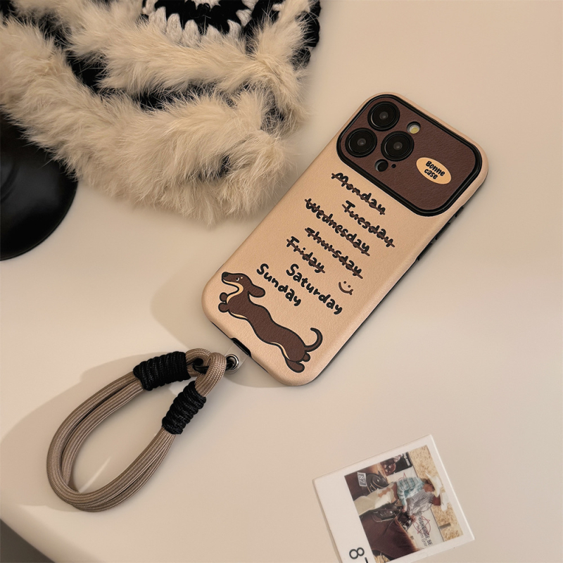 Husă din piele în stil Instagram pentru iPhone 14, 15 și 16 Pro Max, cu dachshund — modernă și personalizabilă