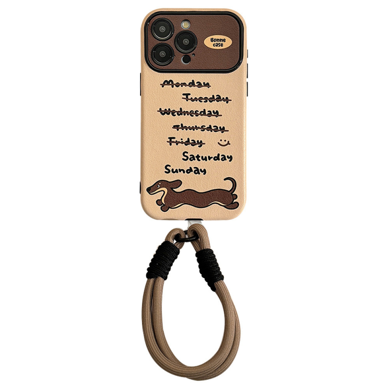Husă din piele în stil Instagram pentru iPhone 14, 15 și 16 Pro Max, cu dachshund — modernă și personalizabilă