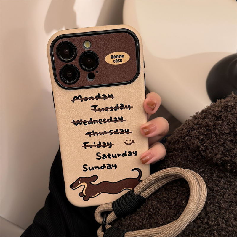 Husă din piele în stil Instagram pentru iPhone 14, 15 și 16 Pro Max, cu dachshund — modernă și personalizabilă