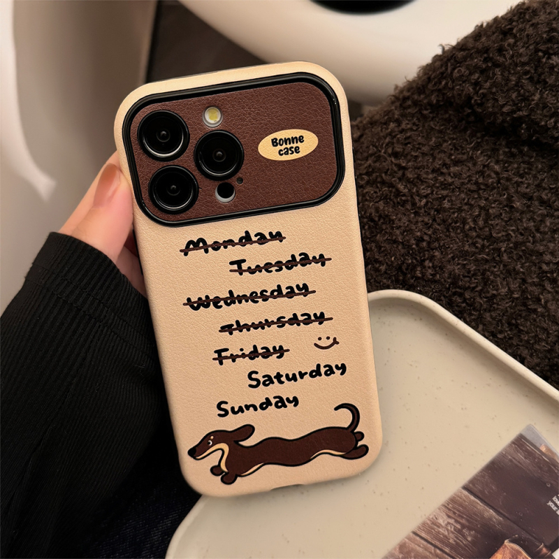 Husă din piele în stil Instagram pentru iPhone 14, 15 și 16 Pro Max, cu dachshund — modernă și personalizabilă