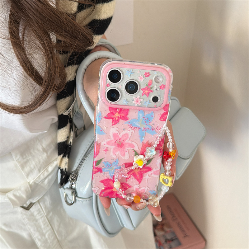 Carcasă pentru iPhone 17 Pro Max, 16, 15/14 și 13 – Crin roz, stil primăvară-vară, dublu strat, acrilic, husă rigidă, protecție la cădere
