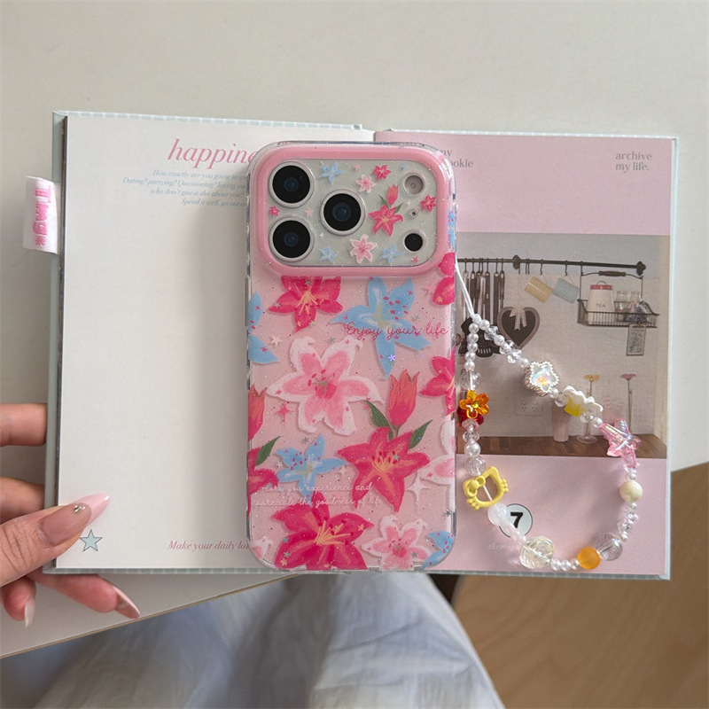 Carcasă pentru iPhone 17 Pro Max, 16, 15/14 și 13 – Crin roz, stil primăvară-vară, dublu strat, acrilic, husă rigidă, protecție la cădere