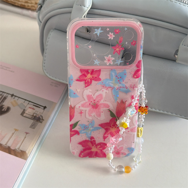 Carcasă pentru iPhone 17 Pro Max, 16, 15/14 și 13 – Crin roz, stil primăvară-vară, dublu strat, acrilic, husă rigidă, protecție la cădere