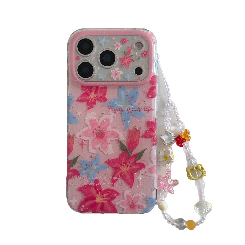 Carcasă pentru iPhone 17 Pro Max, 16, 15/14 și 13 – Crin roz, stil primăvară-vară, dublu strat, acrilic, husă rigidă, protecție la cădere