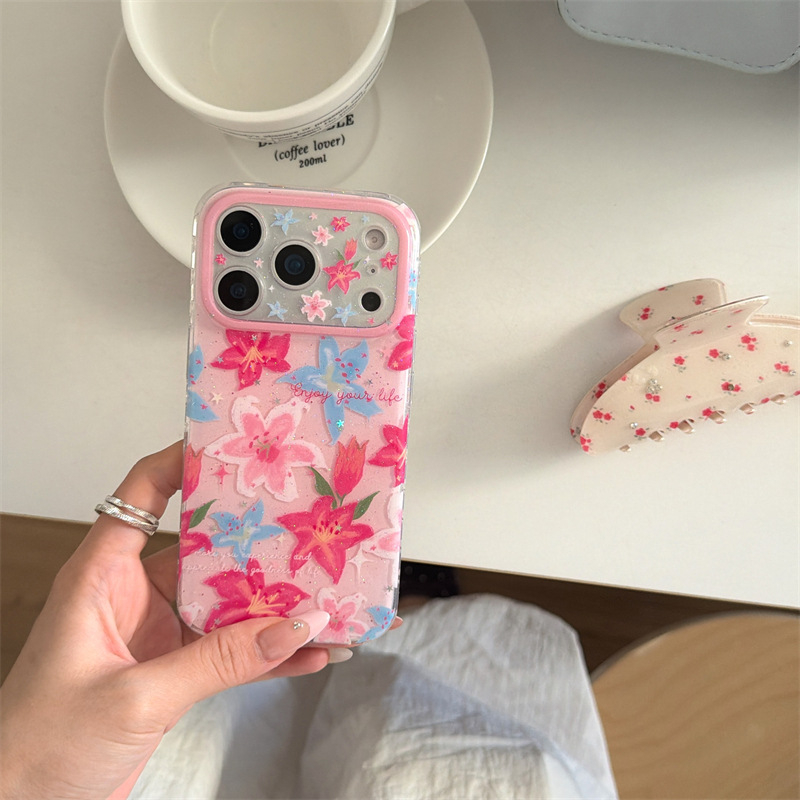 Carcasă pentru iPhone 17 Pro Max, 16, 15/14 și 13 – Crin roz, stil primăvară-vară, dublu strat, acrilic, husă rigidă, protecție la cădere