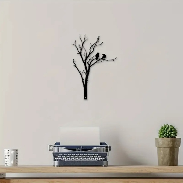 Ramură metalică cu pasăre - decor mural pentru perete, sculptură de exterior pentru curte și gard