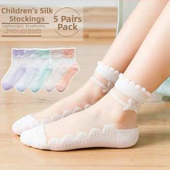 Șosete de vară subțiri pentru copii, cu funda, stil prințesă, detalii cristal, Ice Silk transparent, talpă din bumbac