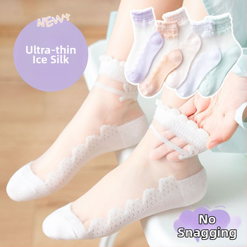 Șosete de vară subțiri pentru copii, cu funda, stil prințesă, detalii cristal, Ice Silk transparent, talpă din bumbac