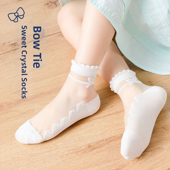 Șosete de vară subțiri pentru copii, cu funda, stil prințesă, detalii cristal, Ice Silk transparent, talpă din bumbac