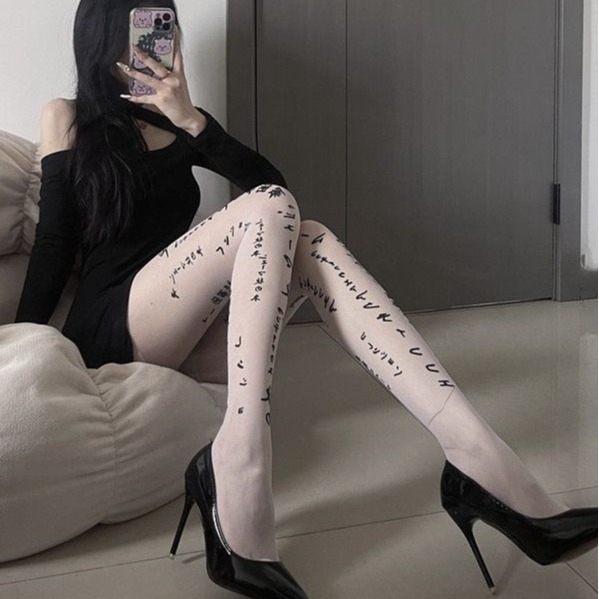 Colanți negri cu imprimeu litere, stil japonez de toamnă, subțiri, sexy, pentru femei