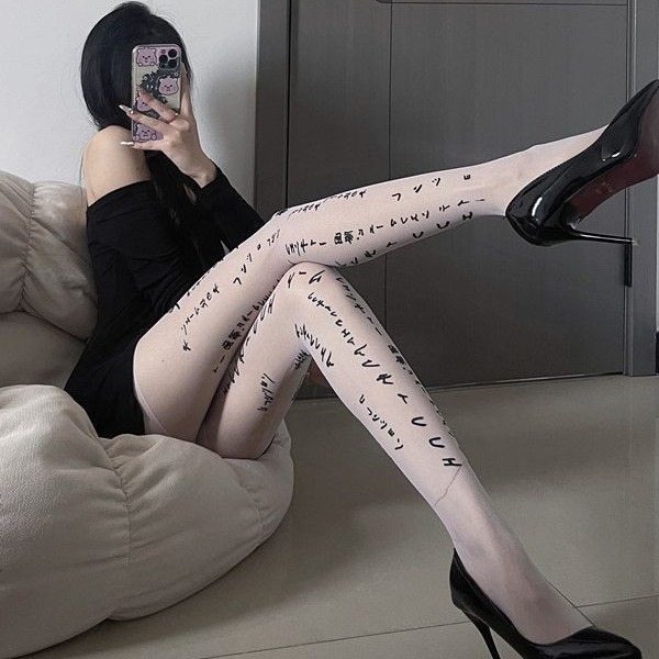Colanți negri cu imprimeu litere, stil japonez de toamnă, subțiri, sexy, pentru femei