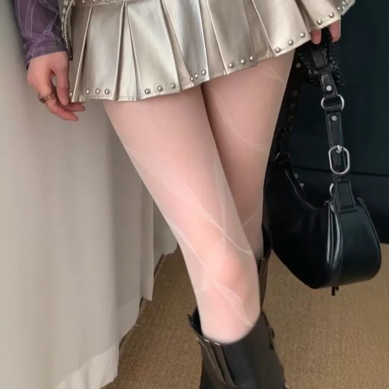 Stil franțuzesc retro, colanți negri eleganți cu panglică, ultra-subțiri, linii neregulate, sexy care subțiază silueta