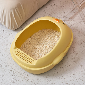 Cutie de nisip galbenă, semiînchisă, pentru pisici, cu protecție anti-stropire, include lingură de nisip