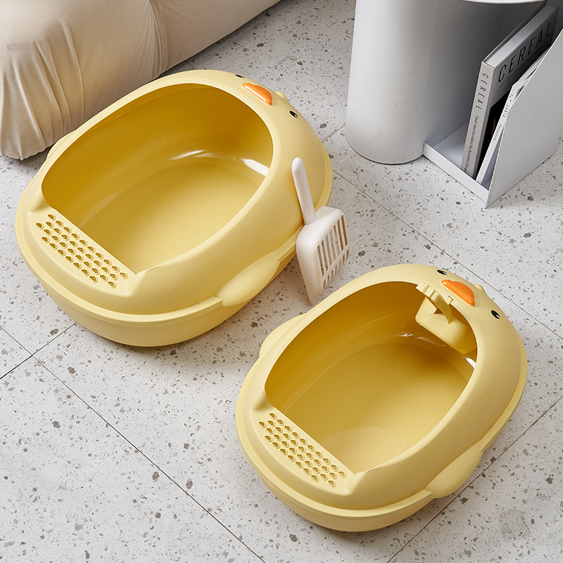 Cutie de nisip galbenă, semiînchisă, pentru pisici, cu protecție anti-stropire, include lingură de nisip