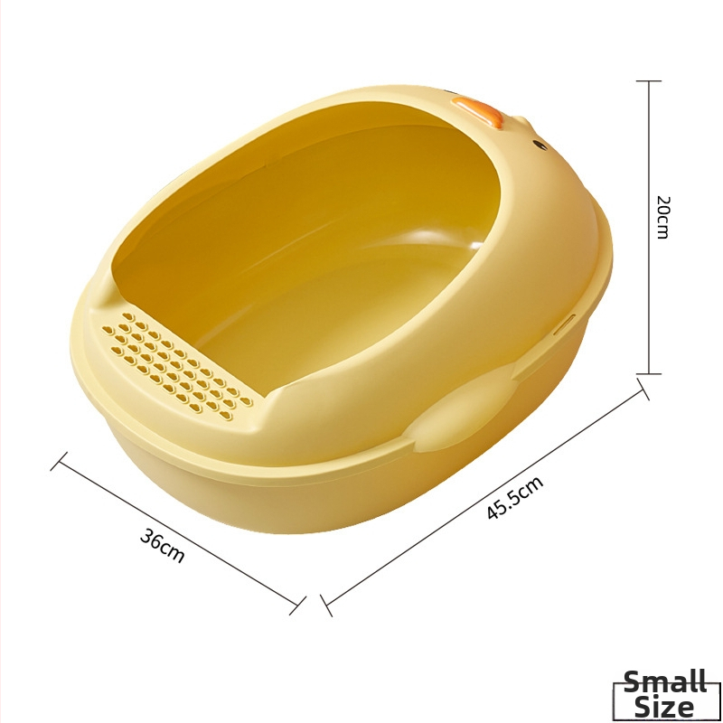 Žltá polouzavretá mačacia toaleta s ochranou proti striekajúcej vode, vrátane lopatky na toaletu