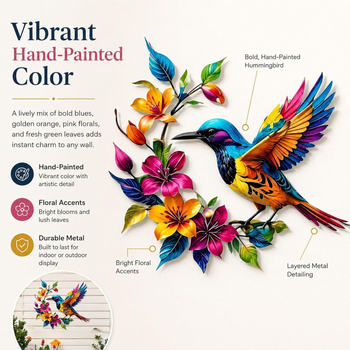 Artă decorativă metalică pentru perete cu colibri și flori
