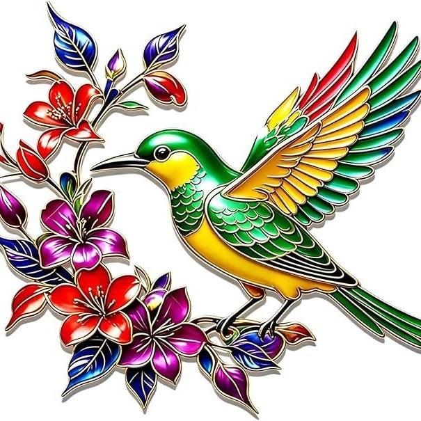 Artă decorativă metalică pentru perete cu colibri și flori