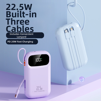 Power bank cu încărcare rapidă de 22,5W, cablu încorporat, portabil, capacitate 10000 mAh, logo personalizat