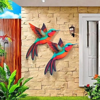 Colibri metalic colorat – decor de grădină, artă murală 3D pentru gard