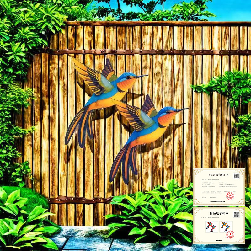Colibri metalic colorat – decor de grădină, artă murală 3D pentru gard