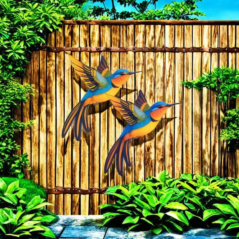 Colibri metalic colorat – decor de grădină, artă murală 3D pentru gard