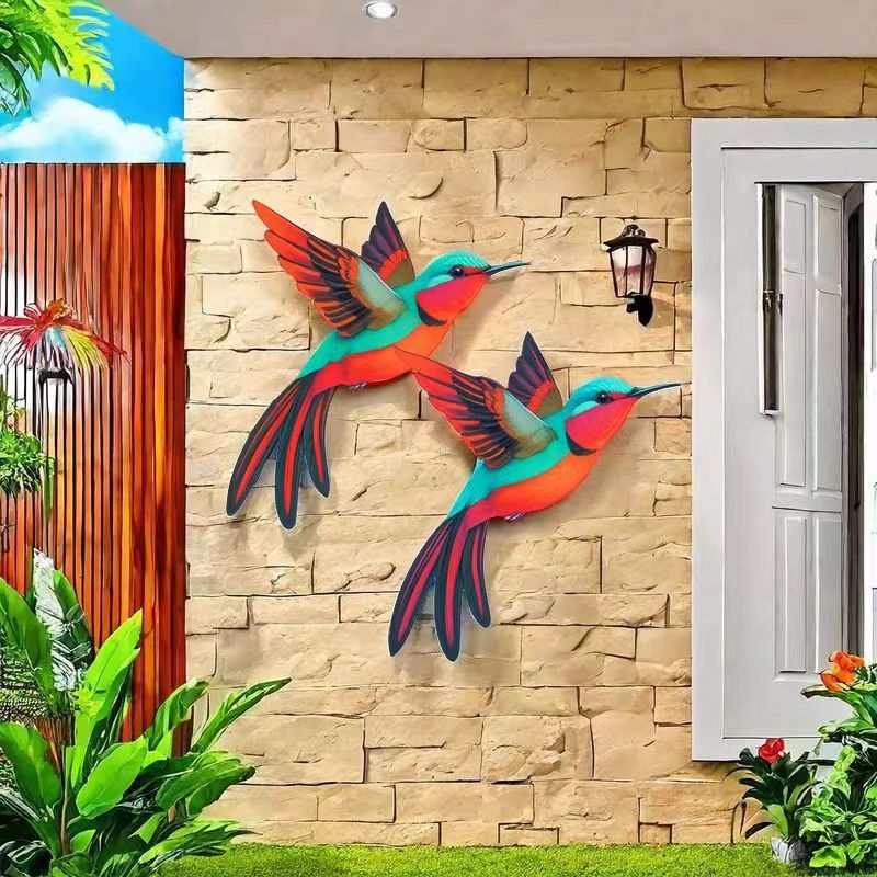 Colibri metalic colorat – decor de grădină, artă murală 3D pentru gard
