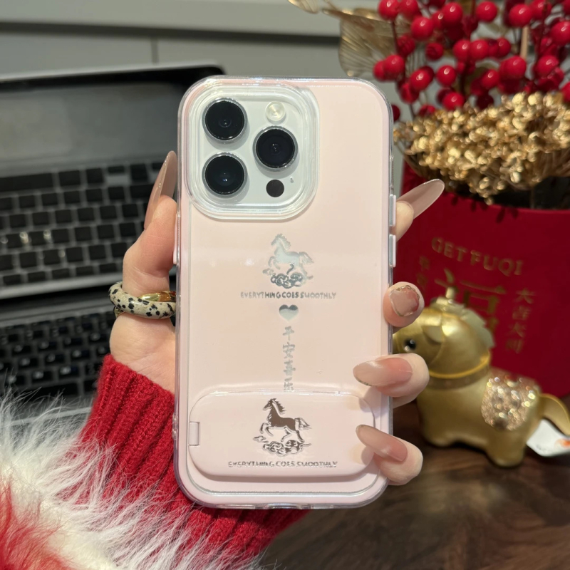 Suport cu oglindă pentru machiaj – Anul Calului, suport telefon 2 în 1, compatibil cu huse iPhone 11–14 Pro/Max, design drăguț, creativ, roz sau galben
