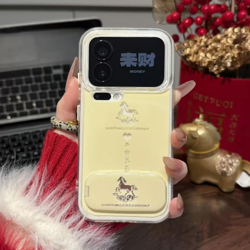 Suport cu oglindă pentru machiaj – Anul Calului, suport telefon 2 în 1, compatibil cu huse iPhone 11–14 Pro/Max, design drăguț, creativ, roz sau galben