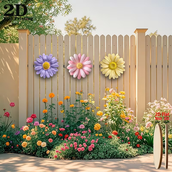 Set de trei piese de decor pentru perete din lemn, în formă de margarete