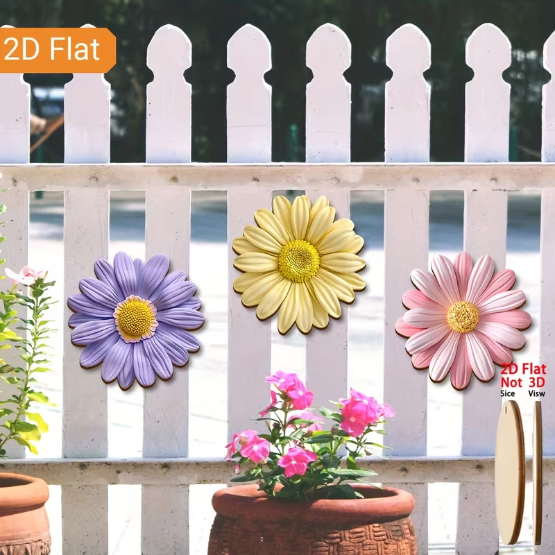 Set de trei piese de decor pentru perete din lemn, în formă de margarete