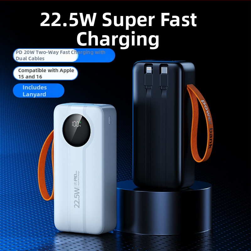 Vonkajšia powerbanka s kapacitou 50 000 mAh s digitálnym displejom, vstavaným káblom a USB výstupom, rýchle nabíjanie PD 3.0