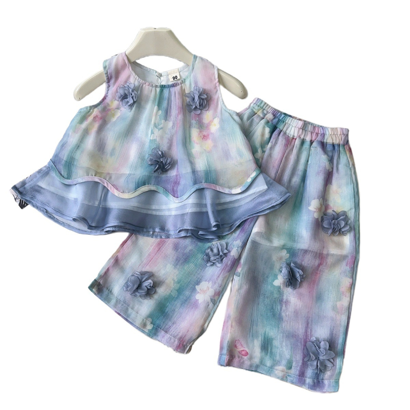 Set de două piese pentru fetițe, vară: top fără mâneci cu flori 3D în gradient și pantaloni largi AXB368