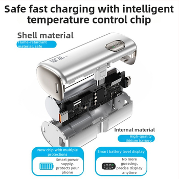 Power bank capsule 5000mAh cu cablu încorporat - ultra-subțire, mic, portabil
