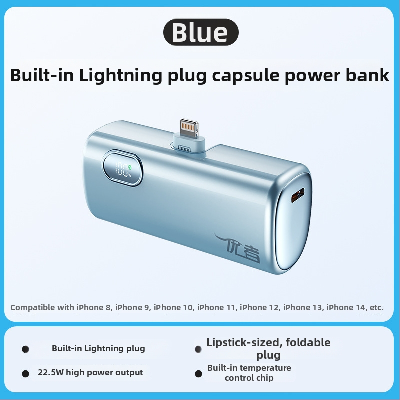 Power bank capsule 5000mAh cu cablu încorporat - ultra-subțire, mic, portabil