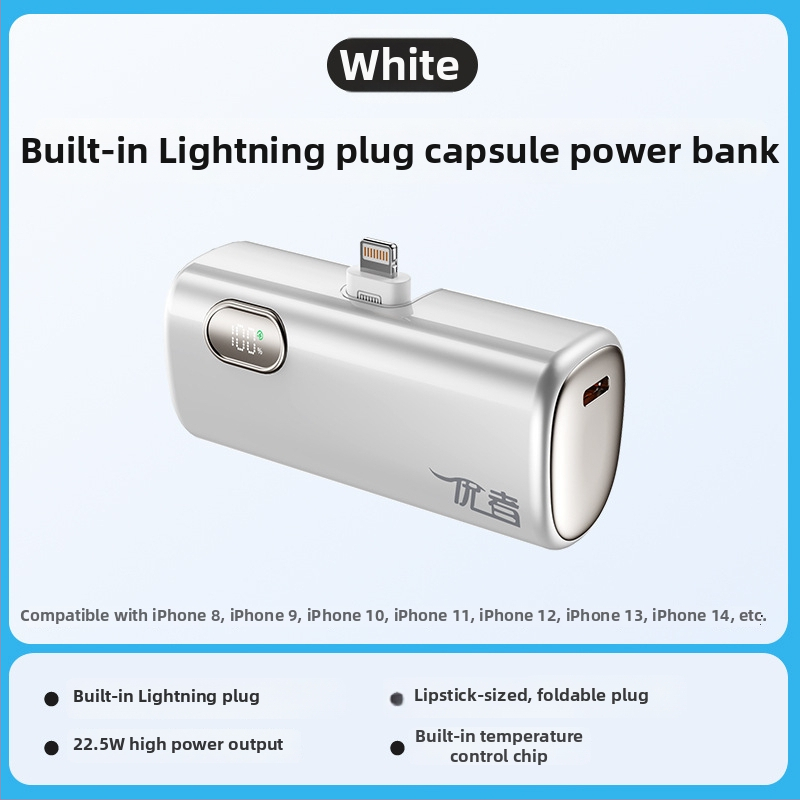 Power bank capsule 5000mAh cu cablu încorporat - ultra-subțire, mic, portabil