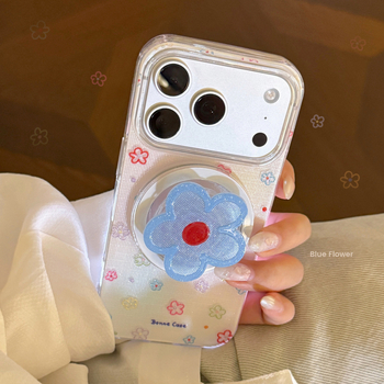 Husa pentru iPhone 17, stil Instagram, model floral albastru, suport magnetic cu sclipici