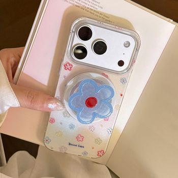 Husa pentru iPhone 17, stil Instagram, model floral albastru, suport magnetic cu sclipici