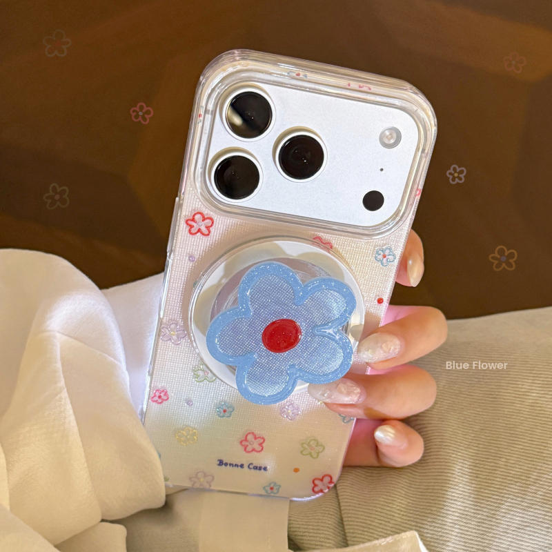 Husa pentru iPhone 17, stil Instagram, model floral albastru, suport magnetic cu sclipici