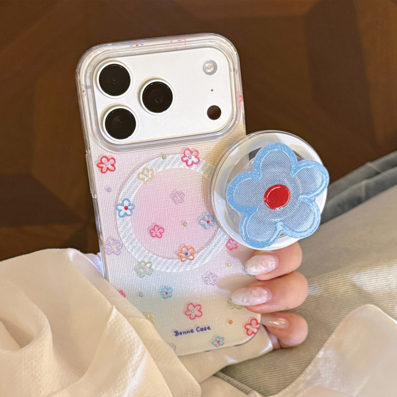 Husa pentru iPhone 17, stil Instagram, model floral albastru, suport magnetic cu sclipici