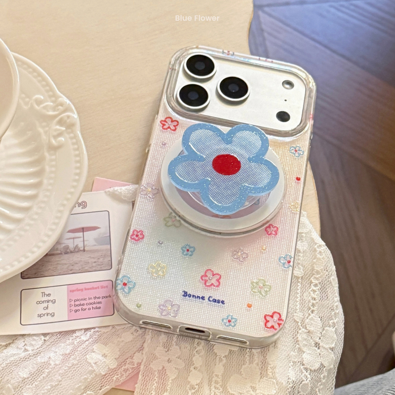 Husa pentru iPhone 17, stil Instagram, model floral albastru, suport magnetic cu sclipici