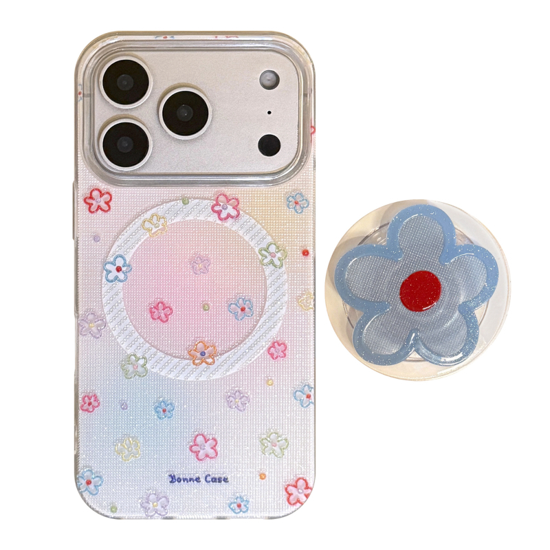 Husa pentru iPhone 17, stil Instagram, model floral albastru, suport magnetic cu sclipici