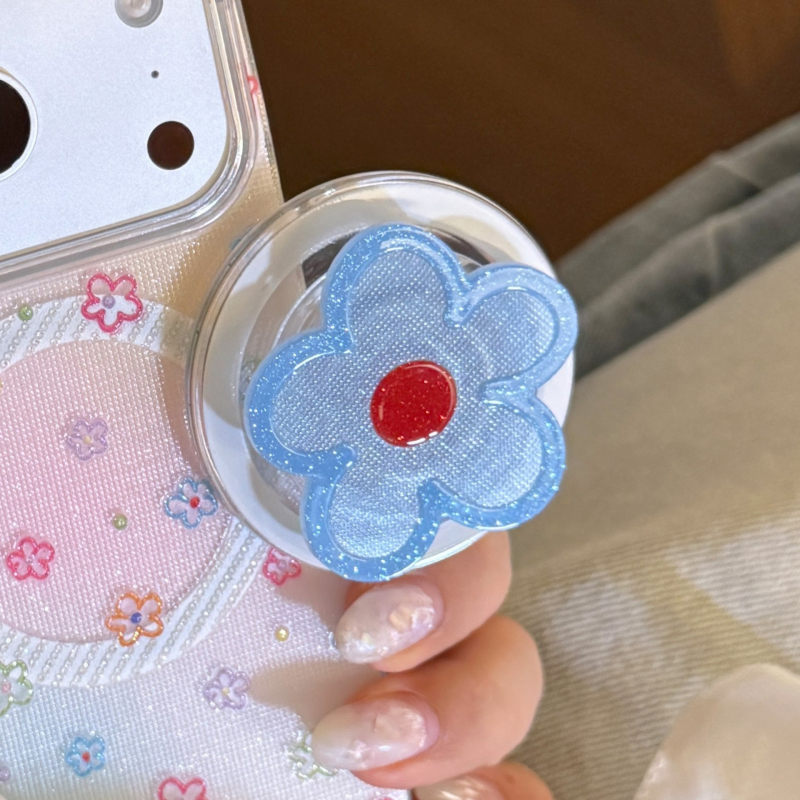 Husa pentru iPhone 17, stil Instagram, model floral albastru, suport magnetic cu sclipici