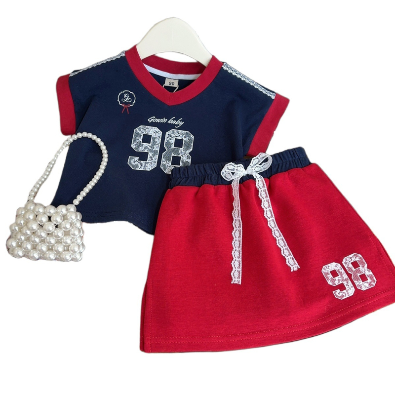 Set de vară pentru fete în stil coreean: tricou cu mâneci scurte imprimat cu litere și fustă CM1109