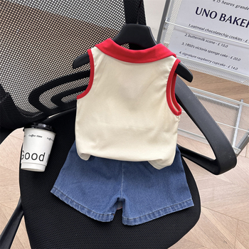 Set de două piese pentru fetițe, stil coreean: top polo fără mâneci și pantaloni scurți din denim