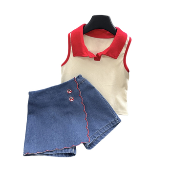 Set de două piese pentru fetițe, stil coreean: top polo fără mâneci și pantaloni scurți din denim