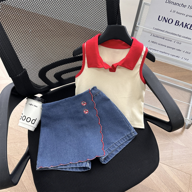 Set de două piese pentru fetițe, stil coreean: top polo fără mâneci și pantaloni scurți din denim