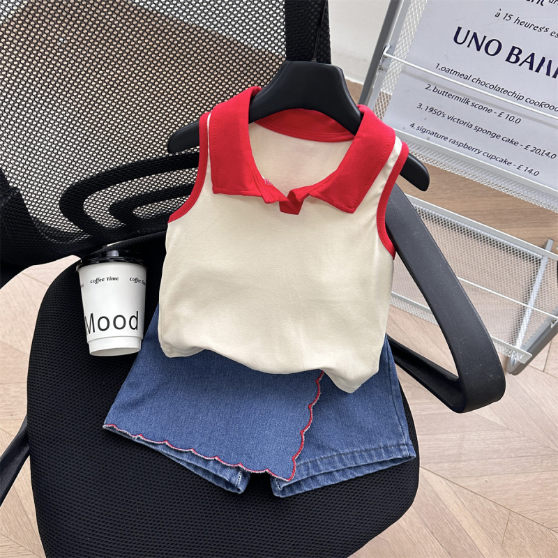 Set de două piese pentru fetițe, stil coreean: top polo fără mâneci și pantaloni scurți din denim