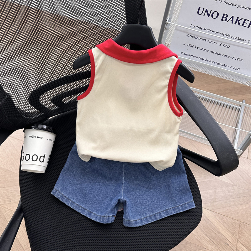 Set de două piese pentru fetițe, stil coreean: top polo fără mâneci și pantaloni scurți din denim