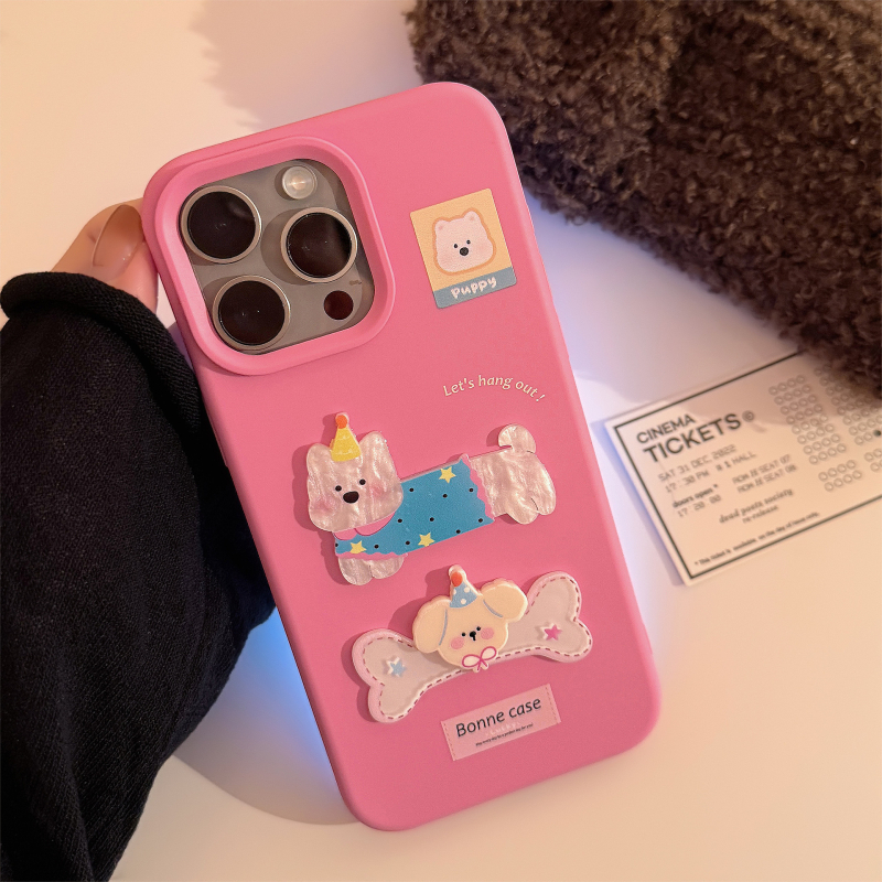 Husă de telefon 3D cu design de cățeluș în formă de os, drăguță, stil feminin pentru iPhone 15/16 și 14 Pro Max — design minimalist